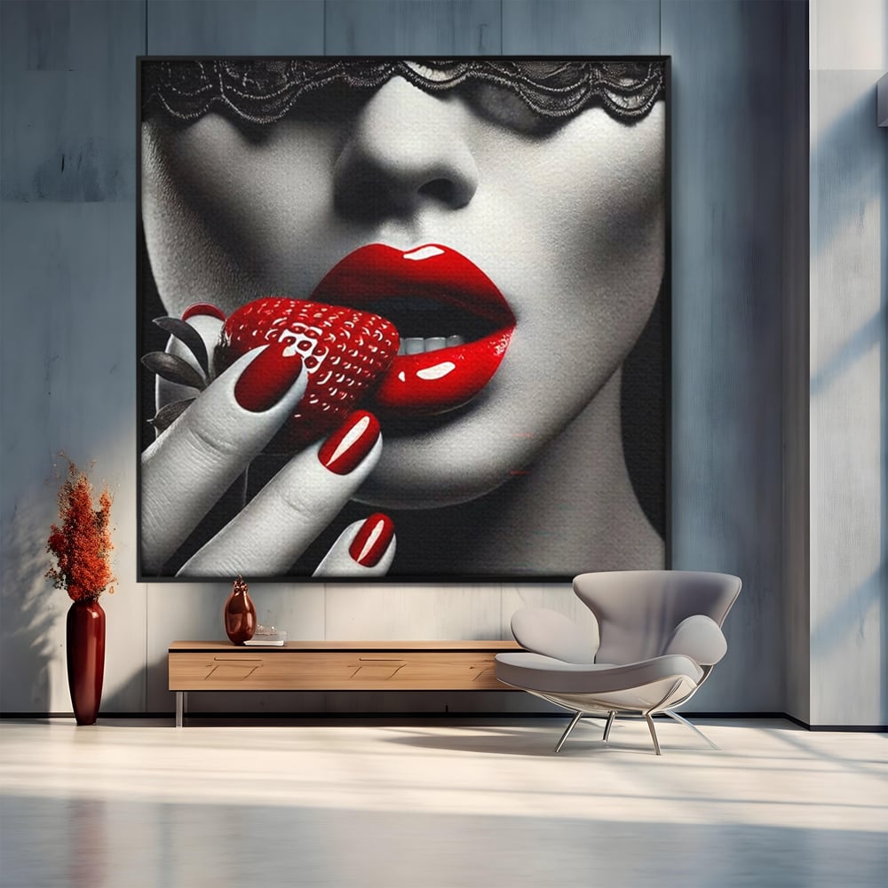 Tablou canvas cu tablou canvas cu buze rosii si capsuna, in rama de aluminiu negru